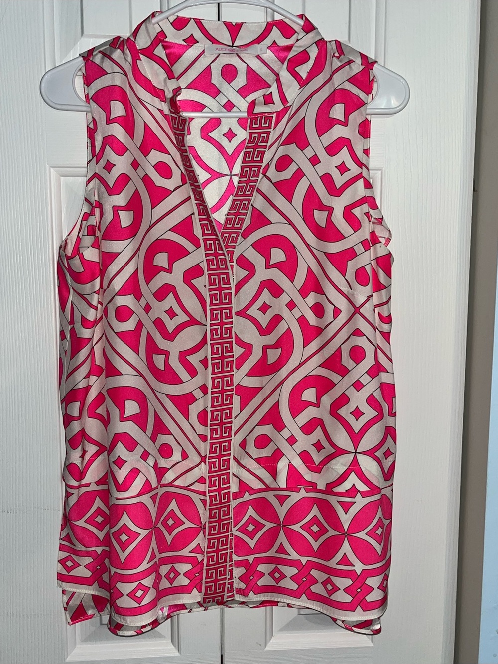 Silk Sleeveless Pink and Cream Printed Split-Neck Top